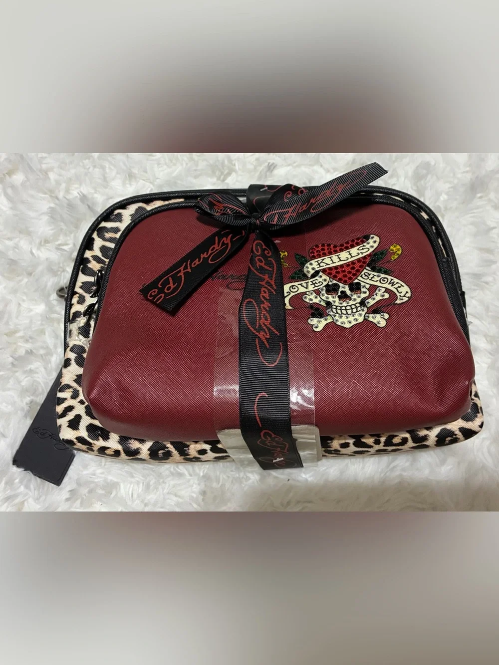 Ed Hardy Red & Leopard Print Skull Cosmetic Bag Set